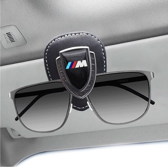 BMW Motorsports Logo Sunglass Holder for Car Black PU Leather With Gold NWT - Picture 3 of 13